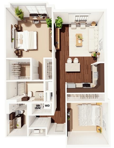 Floor plan for 2 beds, 2 baths, 1050 sqft